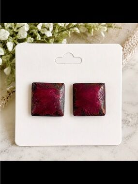 Hand Painted Wooden Square Statement Earrings Burgundy Abstract Art